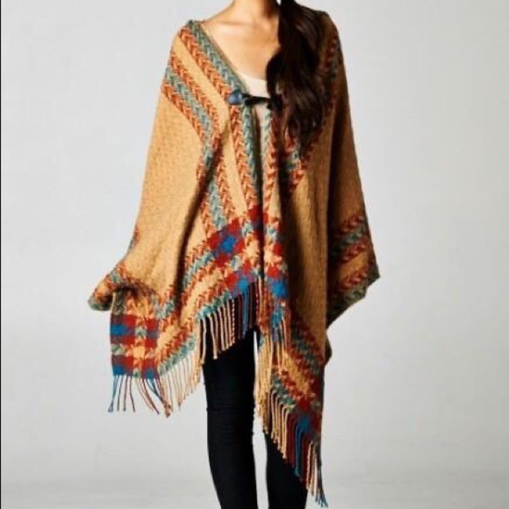 Plaid Knit Hooded Poncho